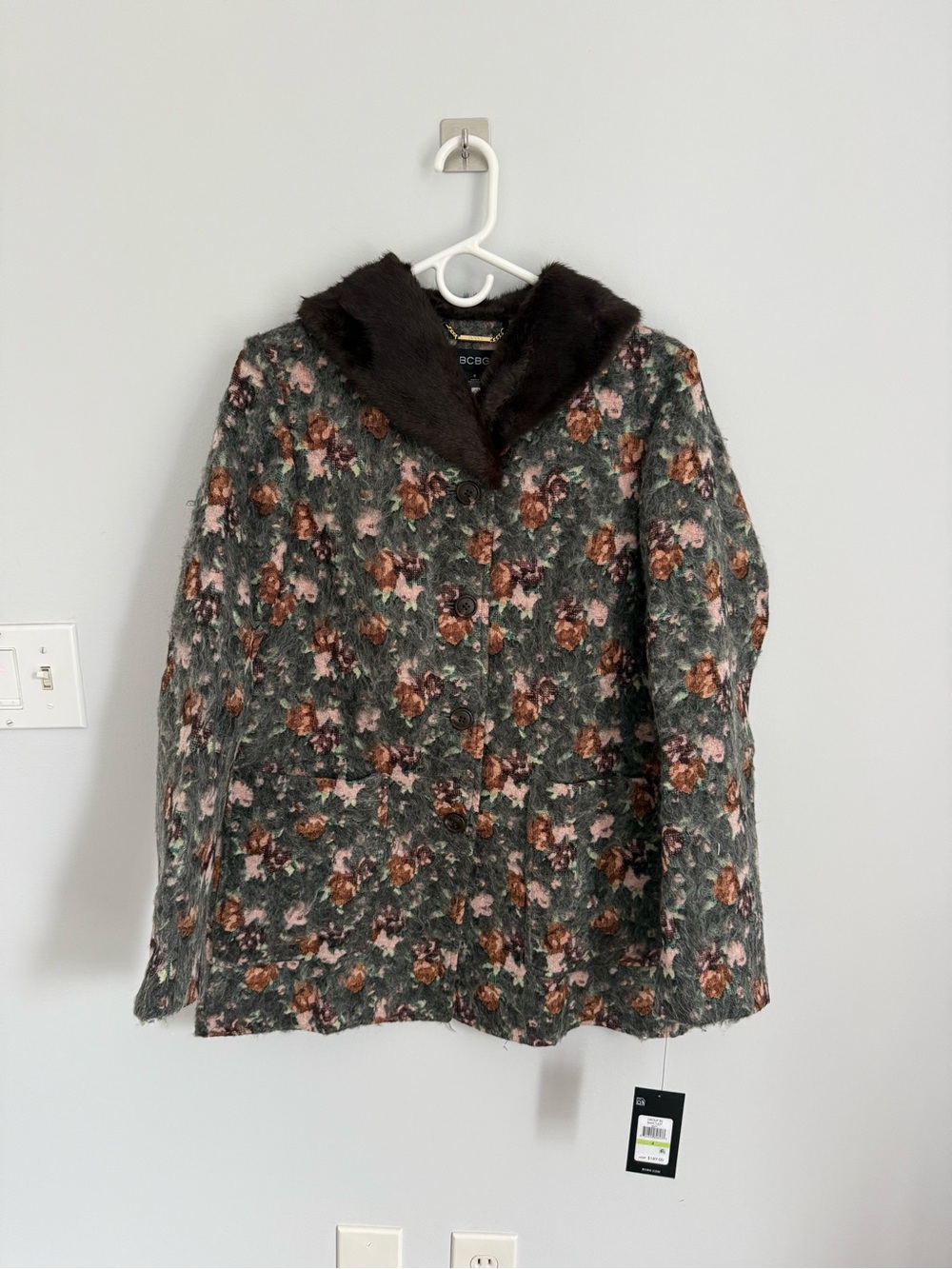 BCBG Floral Wool-Blend Pea Coat with Faux Fur Collar - Green/Pink/Brown